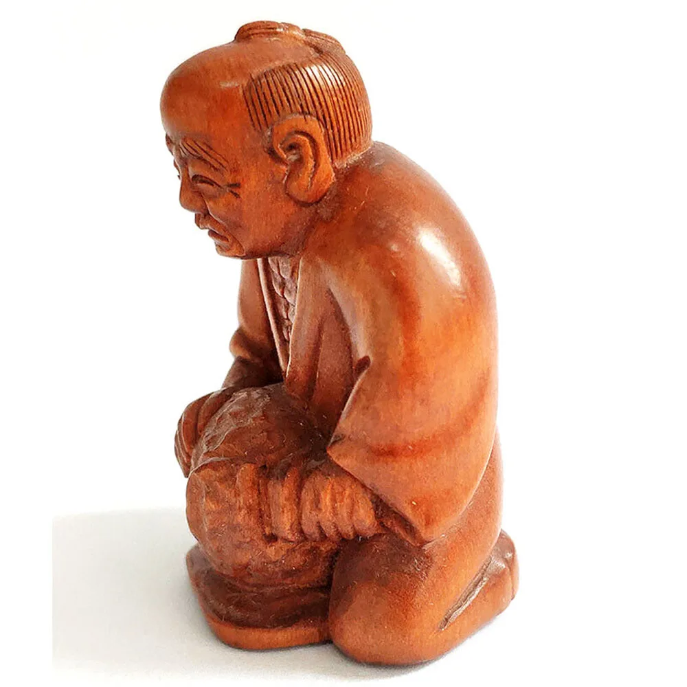 RS436, Collectible 20 Years Old 2" Hand Carved Japanese Boxwood Netsuke, Elder Man Figurine, People Sculpture, Small Ornaments 3
