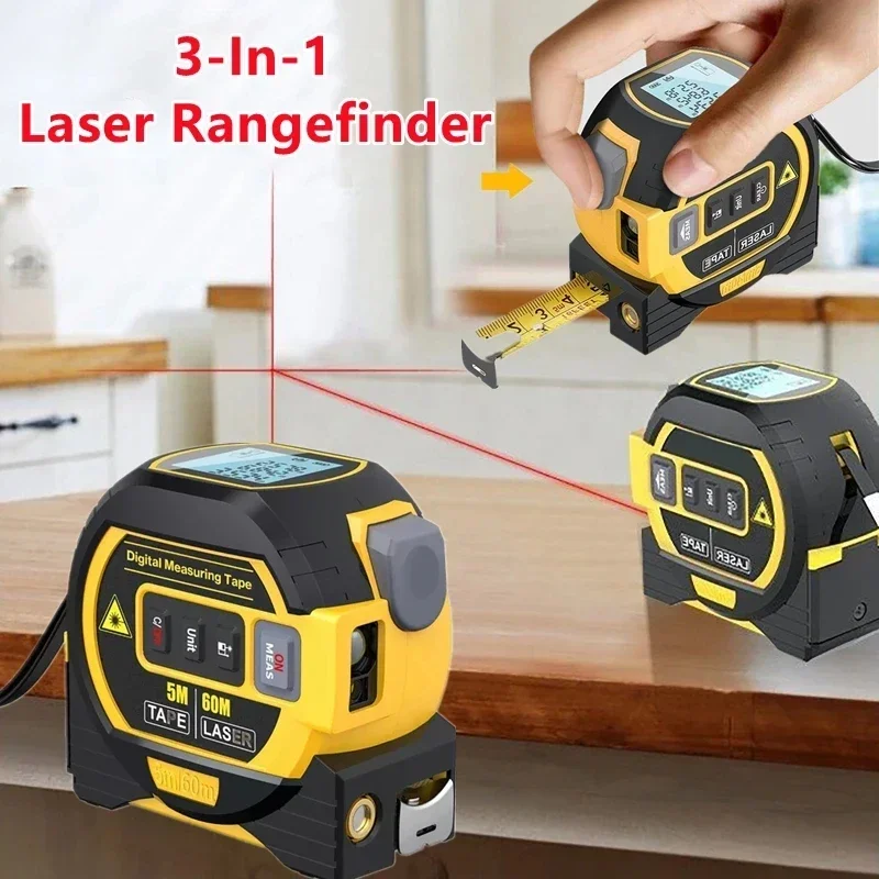 Enhanced Backlit 3-in-1 Laser Distance & Tape Measurement Device with LCD Display