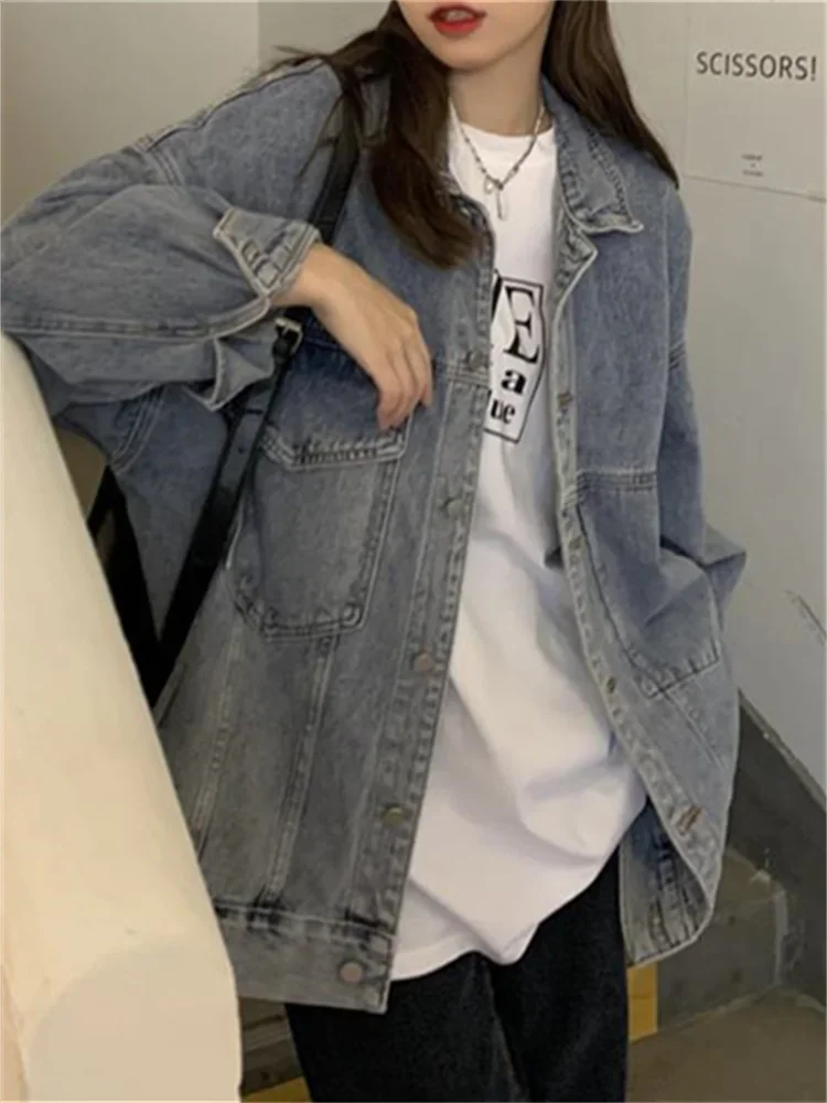 Syiwidii Denim Jacket Women Spring Korean Fashion Long Sleeve Turn Down Collar Oversized Jeans Coats Vintage Casual  X1184