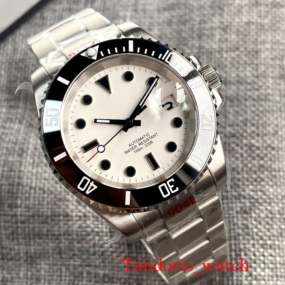 

40MM NH35A MIYOTA 8215 PT5000 White Dial Automatic Men's Wristwatch Sapphire Crystal Auto Date Unidirectional Bezel