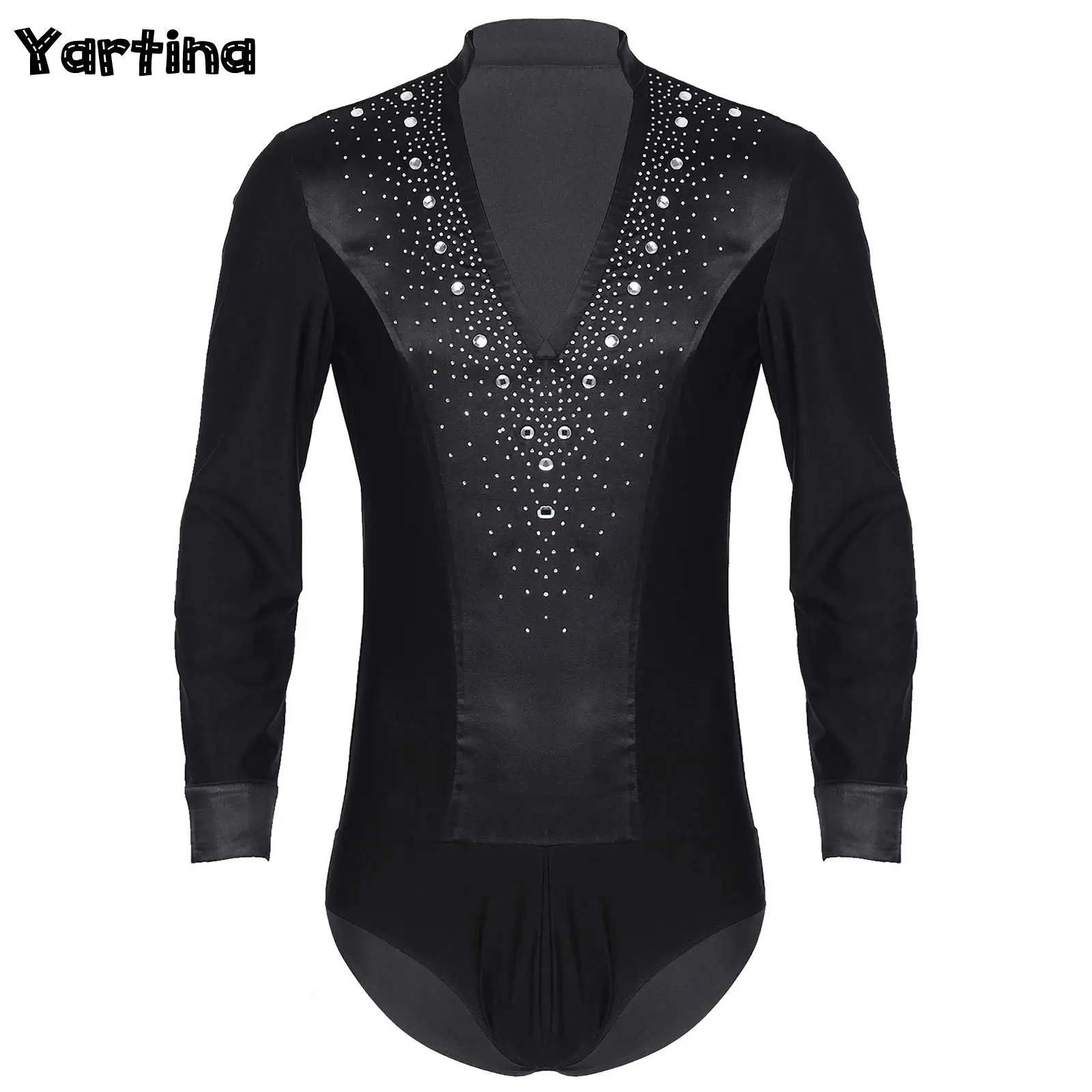 Mens V Neck Dance Bodysuit Shirt Glittery Rhinestones Gymnastics Ballroom Chacha