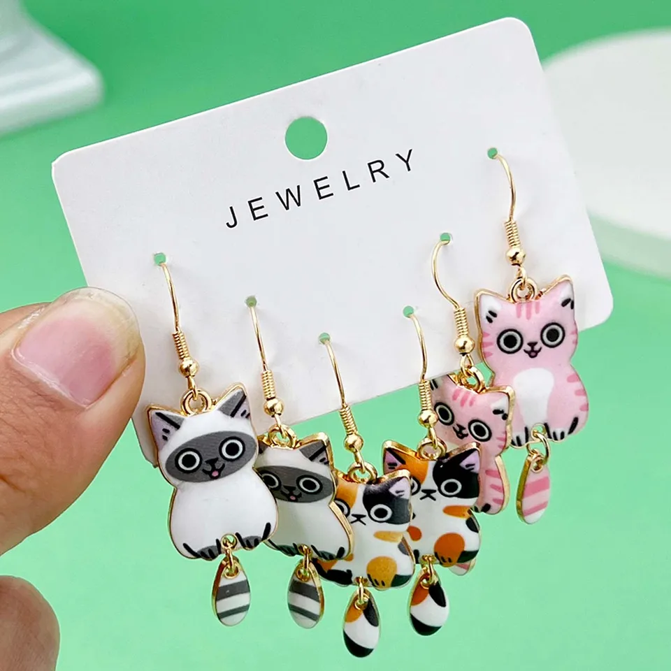 5 Paia Orecchini A Gatto In Metallo E Smalto – Simpatici, Colorati, Divertenti – Set Per Ragazze E Amanti Dei Gatti