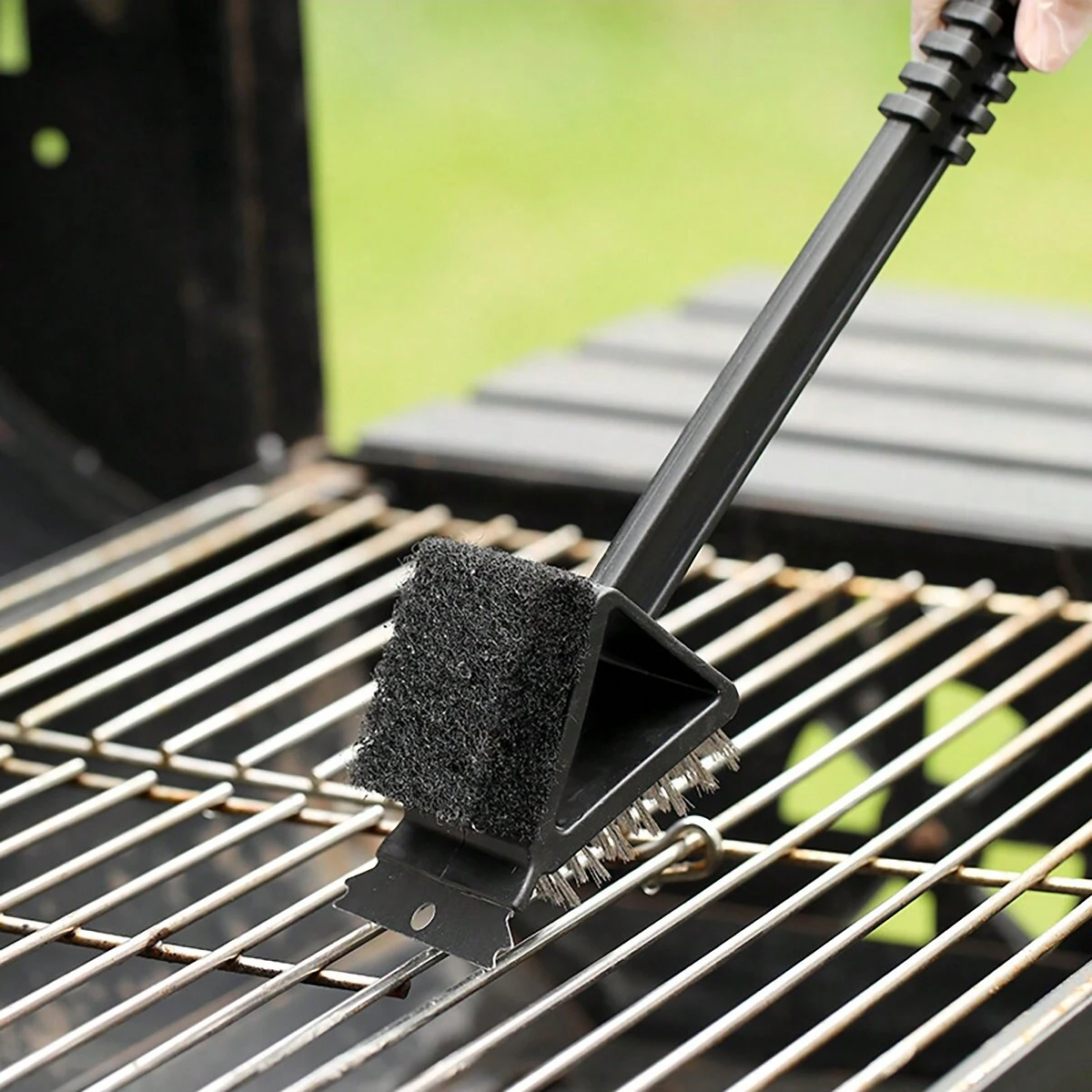 1pc-Long Handle BBQ Tool Barbecue Grill Oven Cleaning 3 in 1 CornerCopper Wire Brush for Outdoor PicnicCopper Wire Sponge Shovel