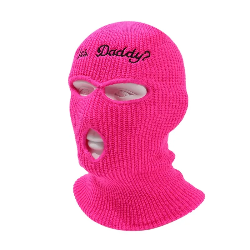 Balaclava Full Face Mask Embroidery Winter Hat for Woman Ski Mask Yes Daddy Warm Knit Full Caps Outdoor Sports Beanies 3