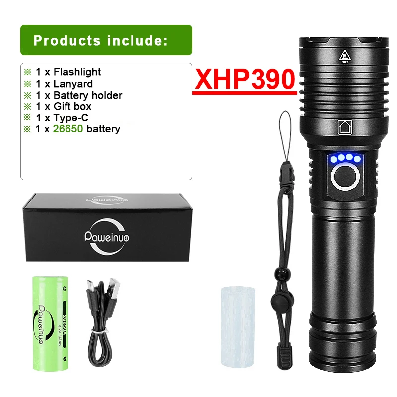 XHP390 Torcia LED super potente Torcia ricaricabile USB Torcia tattica ad alta potenza Lanterna a mano impermeabile da campeggio  39