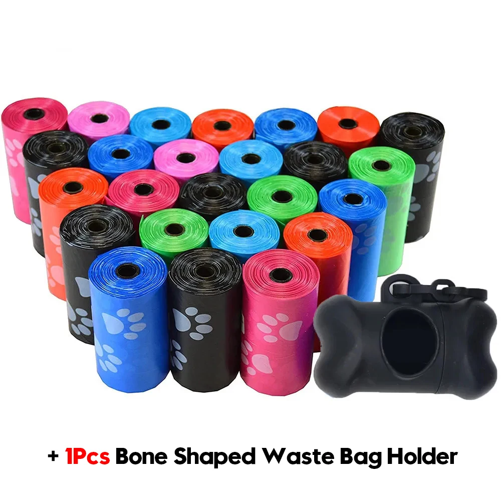 

Pet Poop Bags Disposable Dog Waste Bags, Bulk Poop Bags with Leash Clip and Bone Bag Dispenser 5Roll(75Pcs) Bags with Paw Prints