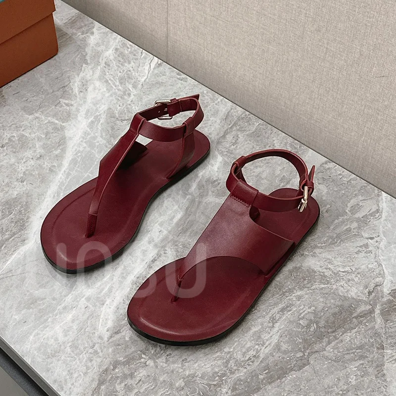 Summer Simple Woman Sandals T Clip Feet Calf Leather Flat Shoes Leaky Toes Hollow Ventilation Outdoor Ankle Strappy Ladies shoes