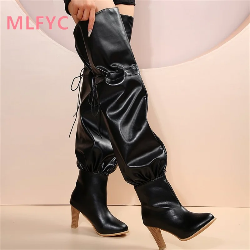 High Heel Over Knee Long Boots Winter Show Personalized Fashion Boots Foreign Trade Large Lace Adjustable High Heel Boots