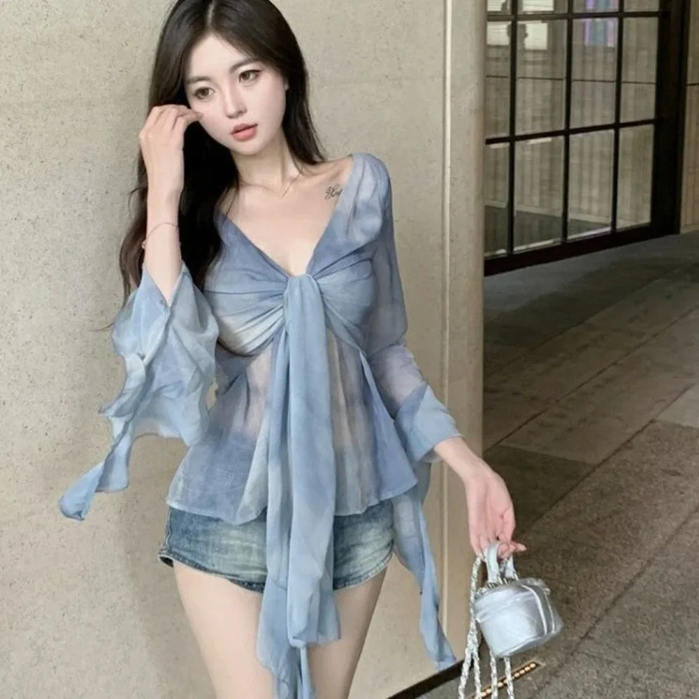 Streetwear Jellyfish Mesh Belt T-Shirt Elf Long Sleeve Pleated Collar Slim Fit Crop Tops Transparent Irregular