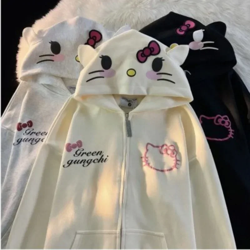 

Sanrio Kawaii Hello Kitty New Cute Cartoon Hoodie Sweater Women Girl Autumn Winter Loose Student Cardigan Jacket Birthday Gift