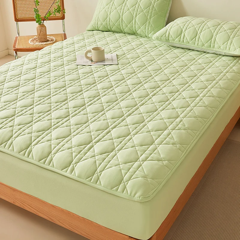 2025 New Solid Color Cotton Waterproof Bed Hat TPU Layer Green Mattress Cover Breathable Skin Friendly with Elastic Bedspread 2