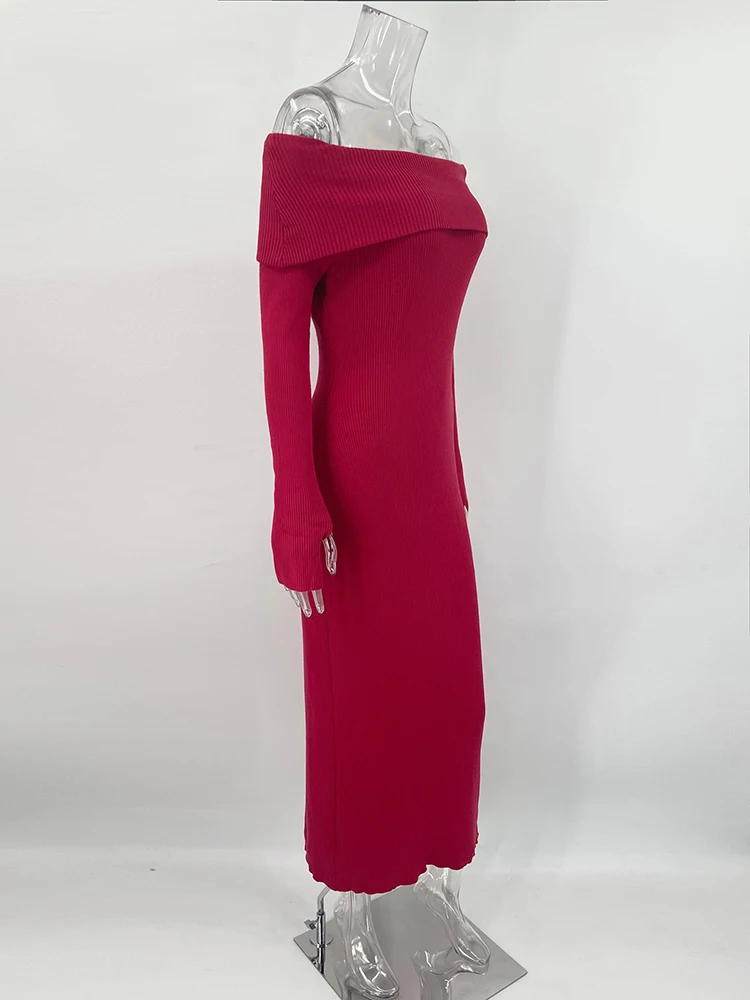 Fashion Knit Long Dress Off-Shoulder Female Ribbed Loose High Waist Elegant Autumn Party Dress Ladies Knitwear Maxi Dress