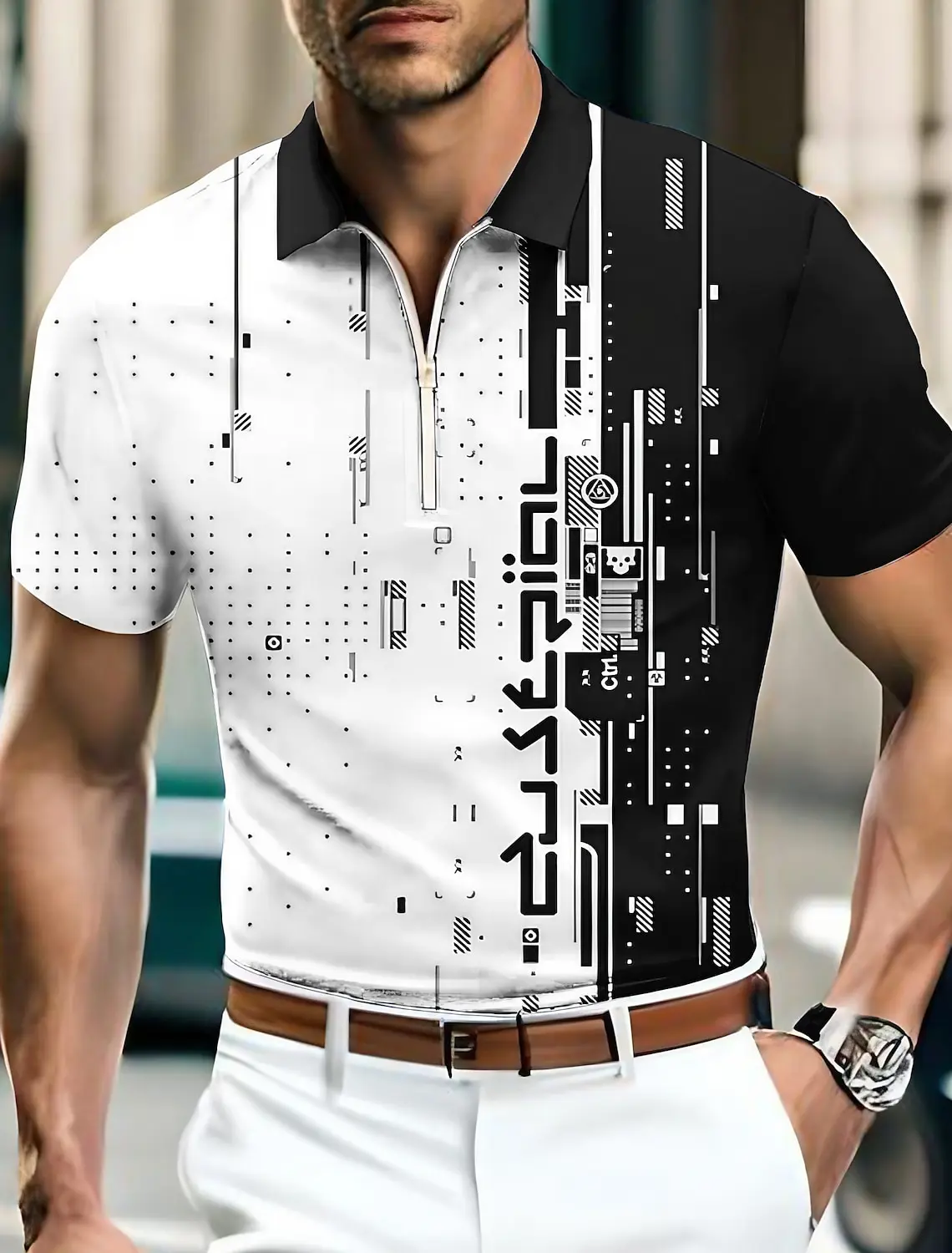 

Classic Geometry Turndown Fashion Men's Golf Shirts Polo Casual Trend Zip Short Sleeved Zipper Regular Polo Shirts Harajuku