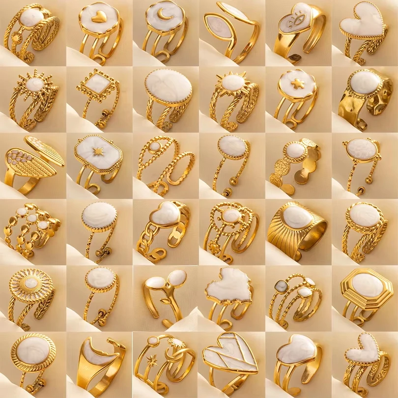 527384-75ad38.jpg Bohemian Gold Color White Enamel Open Rings Luxury Irregular Stainless Steel Adjustable Finger Ring Women Charm Jewelry Gifts - Image 1