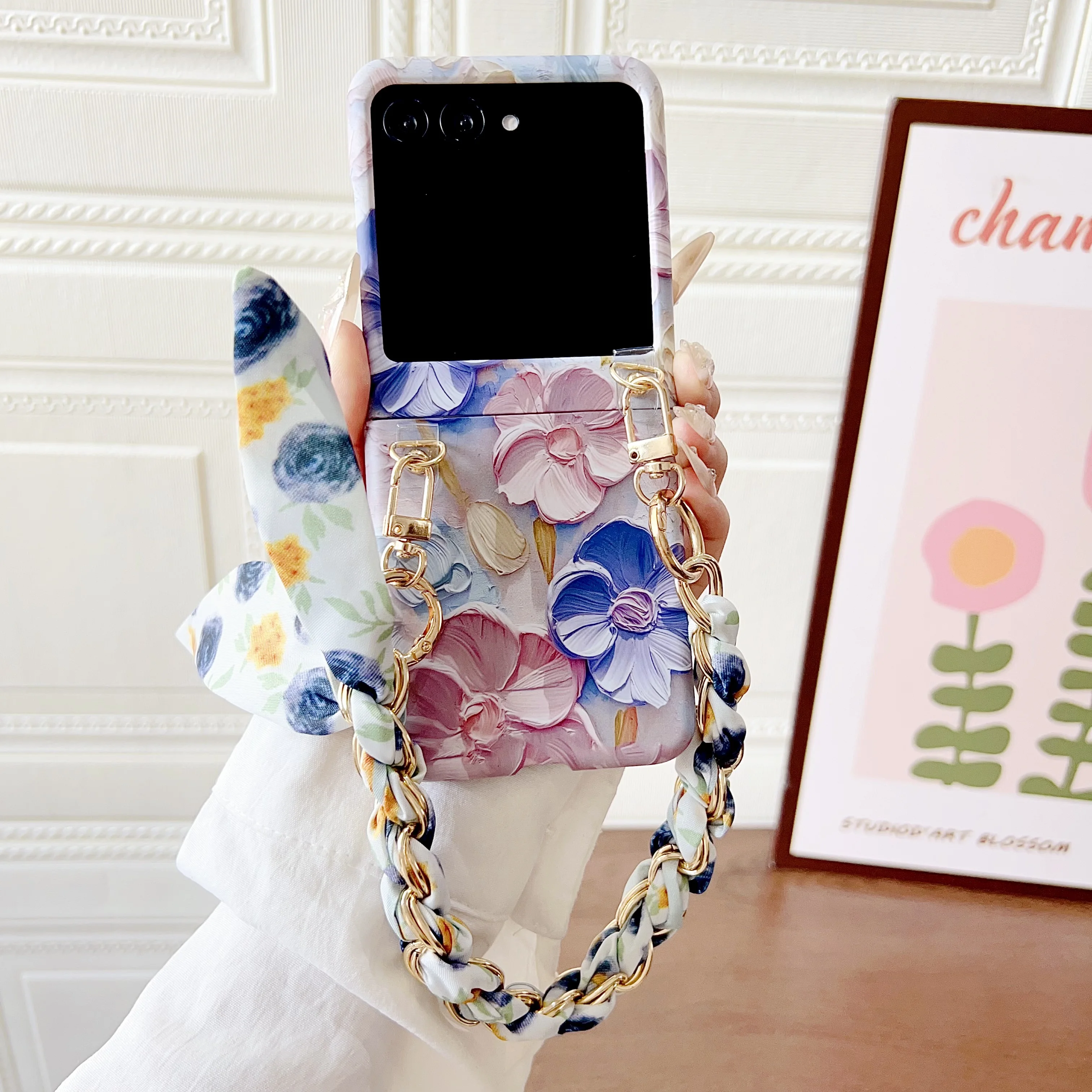 Floral Embossed Shockproof Hard Cover with Wrist Strap