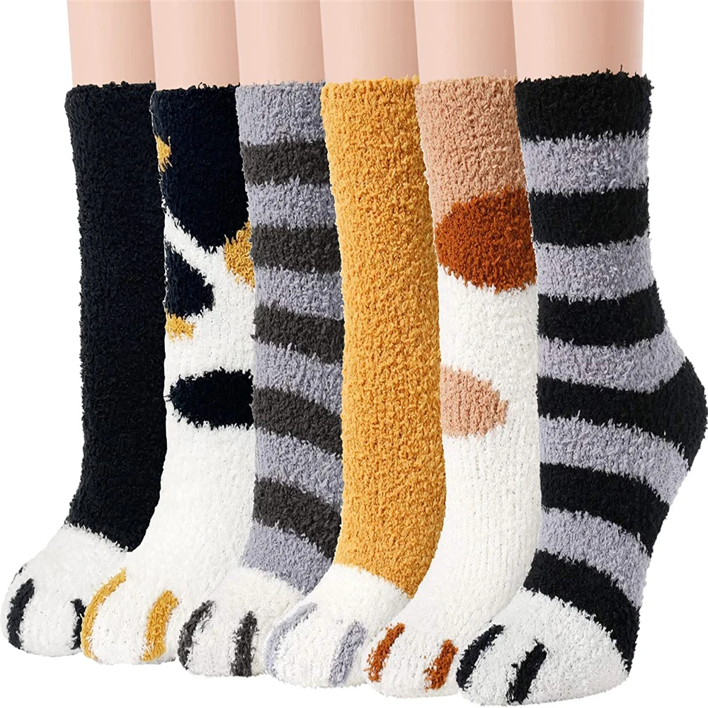 

6 Pair of Women's Plush Socks, Comfortable, Soft, Fluffy, Cute Animal Slippers, Socks, Sleep Warm Socks
