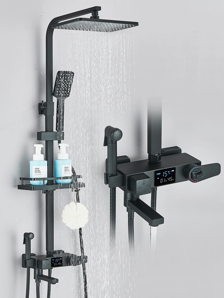 Black thermostatic shower set with digital display mounted on wall