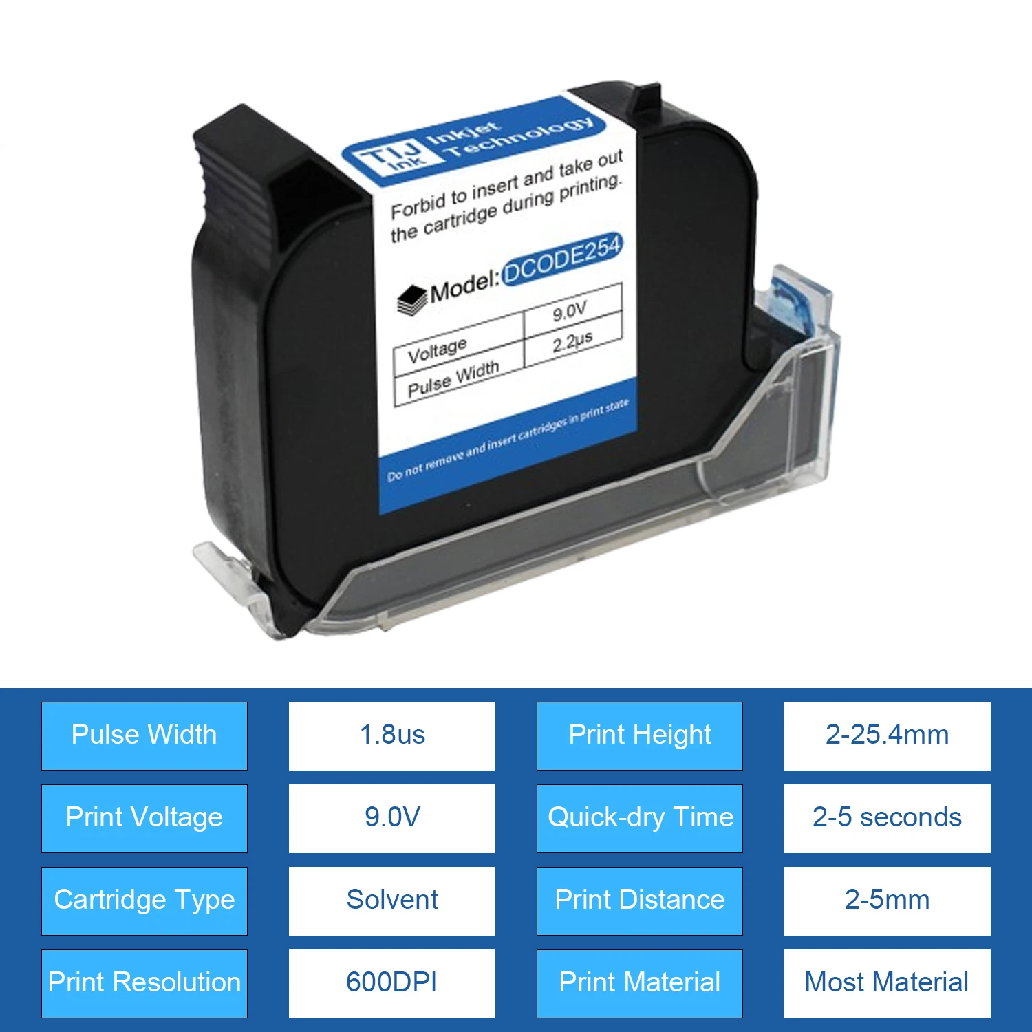 254 Original 25.4mm Handheld Thermal Inkjet Printer Fast Dry Solvent Ink Cartrid