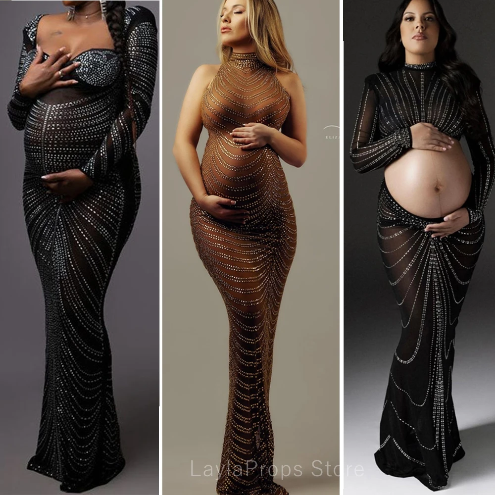 Maternity Dresses For Photo Shoot Maxi Evening Sexy Pregnant Women Elegant Sleeveless Bodycon Party Stretchy Rhinestone Body-con