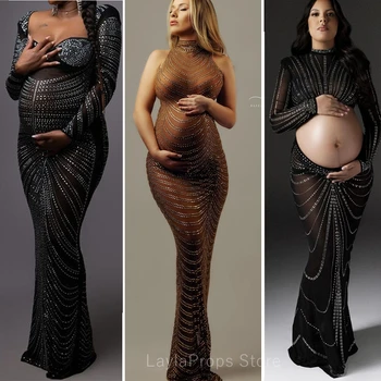 Maternity Dresses For Photo Shoot Maxi Evening Sexy Pregnant Women Elegant Sleeveless Bodycon Party Stretchy Rhinestone Body-con