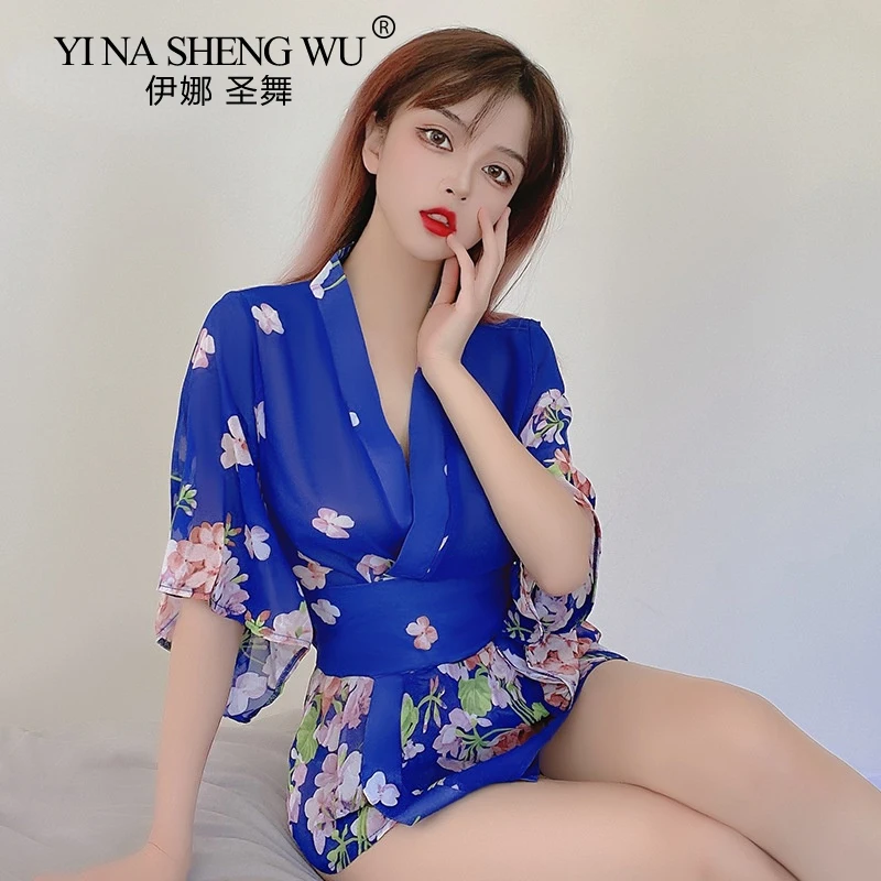 

Sexy Sakura Kimono Set Japanese Cosplay Uniform Robe Floral Bathrobe Short Kimono Robe Sexy Kimono Outfit Female Chiffon Pajamas