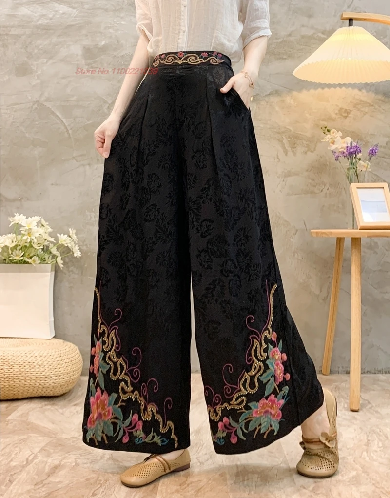

2024 chinese vintage folk pants satin jacquard trousers national flower embroidery ethnic pants elastic waist wide leg trousers