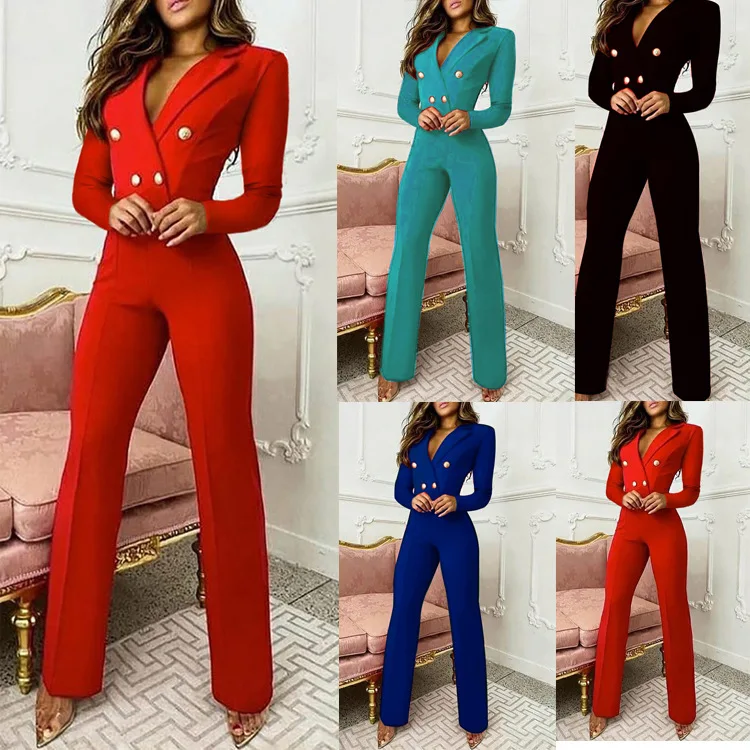 Fall Winter Fashion Lady Button Long Sleeve V-Neck High Waist Slim Fit Office Professional Wear Jumpsuits Women Jumpsuit Romper