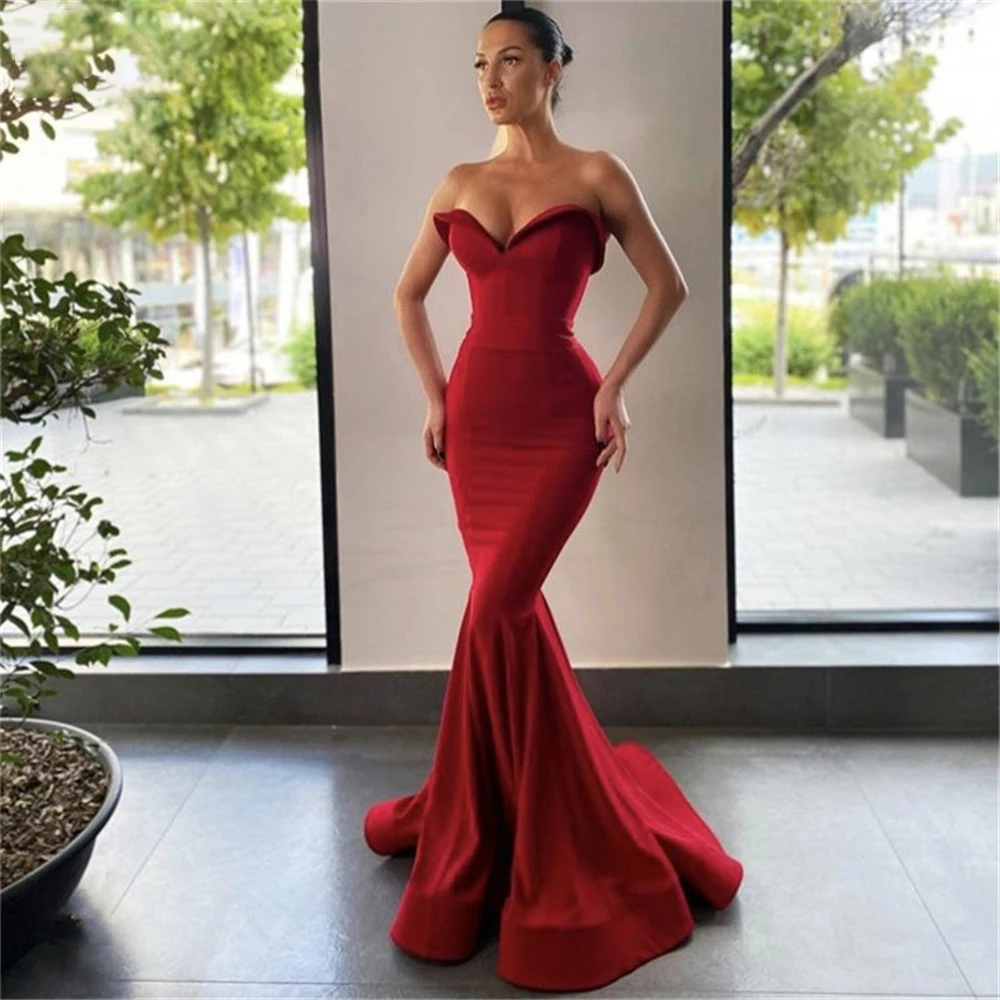 

Burgundy Prom Dress Red Sweetheart Sleeveless Mermaid High Quality Satin Prom Dress With Zipper Back vestidos de fiesta de noche