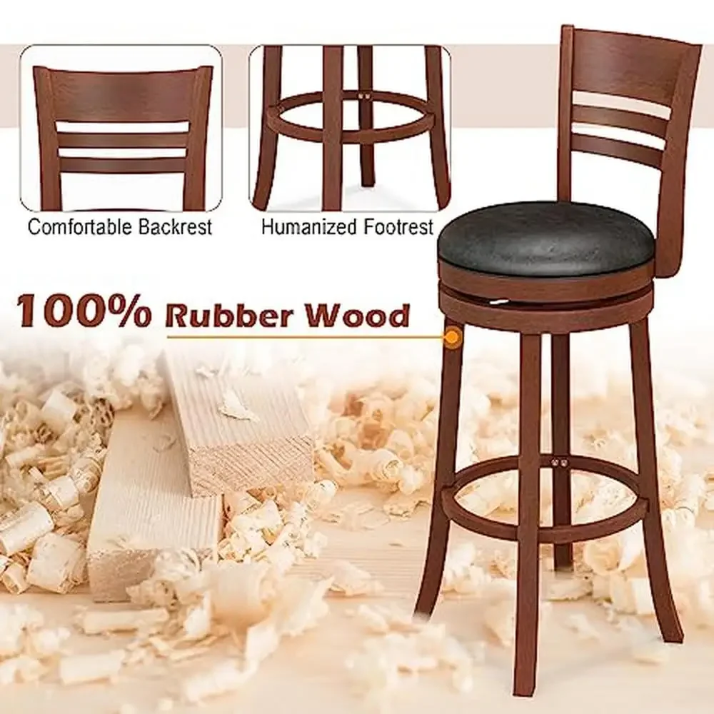 360 Swivel Bar Stools with PU Upholstered Seats Solid Wood Backrests & Footrests Bar Height Chairs Retro Style Home Kitchen