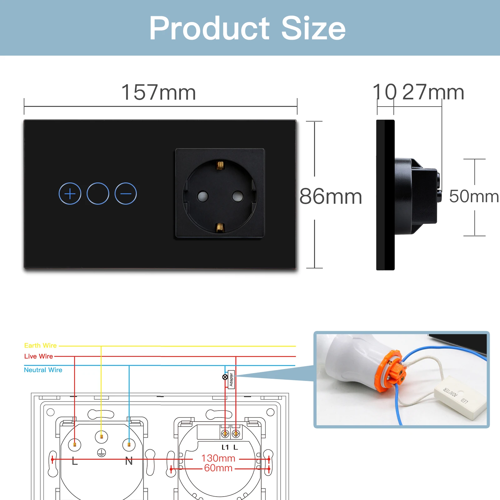 BSEED 터치 조광기 스위치, 1gang1way 벽 조명 스위치, LED 조광기 플러스, EU 벽 소켓, USB EU 표준 블루 백라이트, 10A