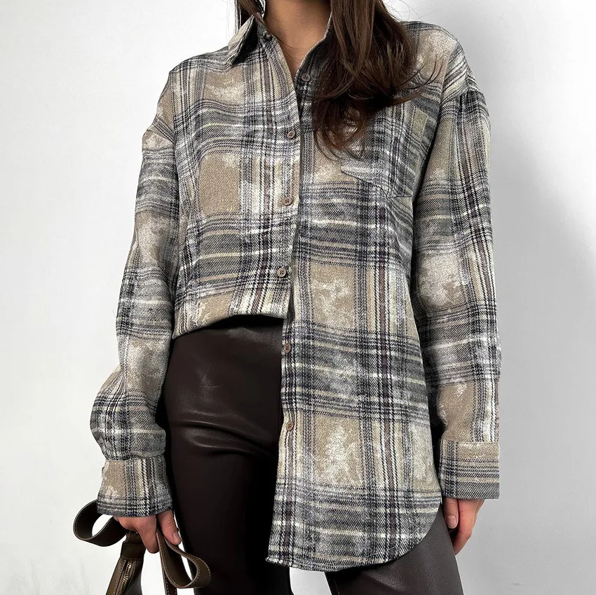 

Fashion Distressed Plaid Shirts Blouses Women Autumn Gray Office Lady Loose Shirts Casual Cotton Long Sleeve Blouses 2024