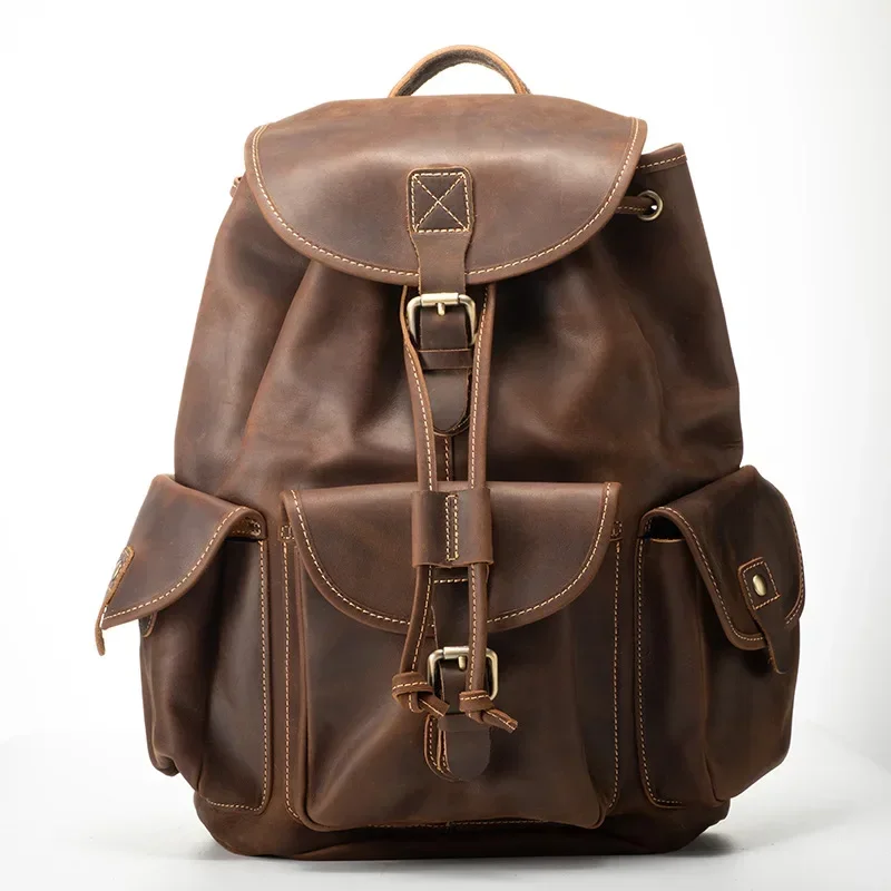Genuine Leather Men's Backpack Vintage Casual Bag with Large Capacity