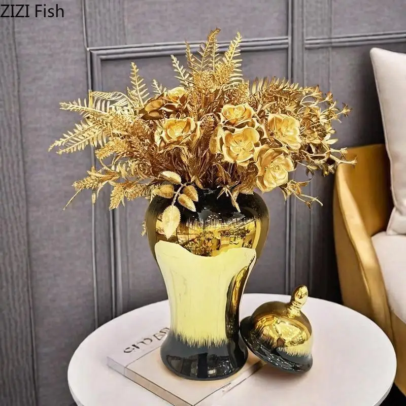 Black Gold Gradient Color General Tank Golden Porcelain Ginger Jar Creative Vases Dresser Table Jewelry Cosmetic Container 3