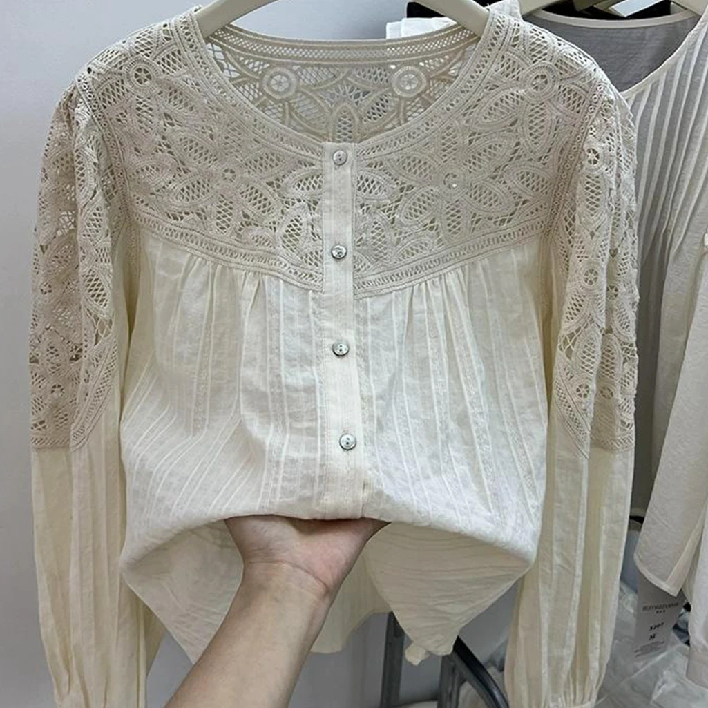 

European Hollowed Out Top for Women's Autumn Shirt 2023 New Lace Stitching Slimming Long Sleeved Shirt Blouse