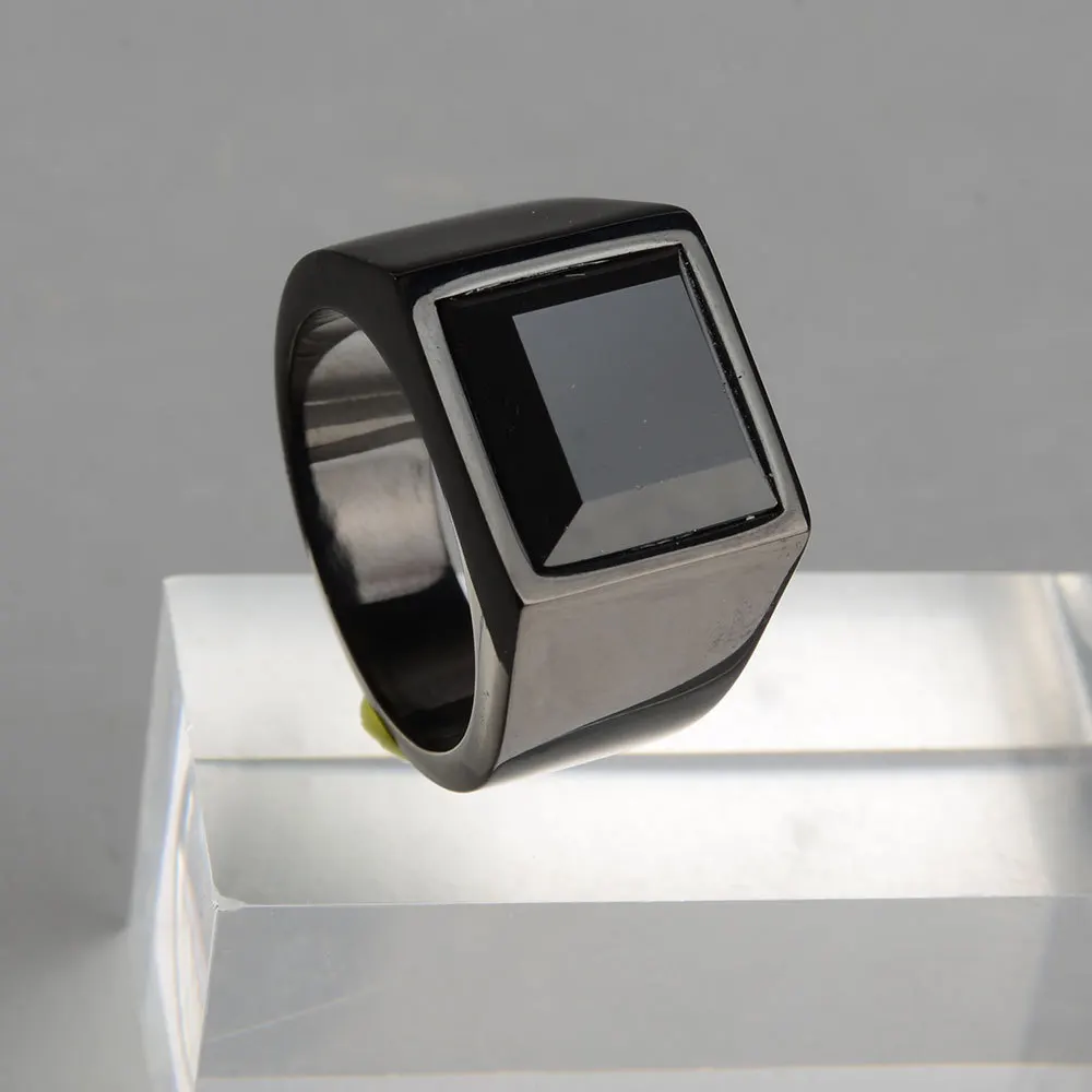 AsJerlya Trendy Men Square Black Stone Ring Stainless Steel Retro Signet Ring Rock Punk Male Jewelry Accessories Boyfriend Gifts 2