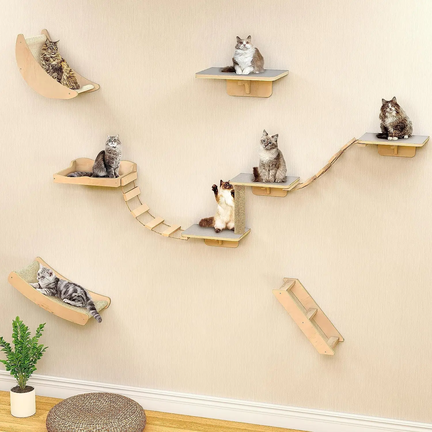 WallMountedCatClimbingStairPerchPlatformJumpingFurnitureHammockWallStepsforSleeping