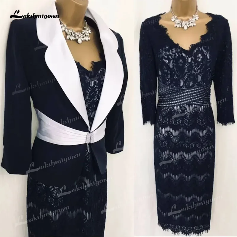 

Vintage Short Real Photos Formal Guest Wedding Party Dress with Jacket Lace Long Sleeve V Neck Mother of the Bridal/Groom Dress