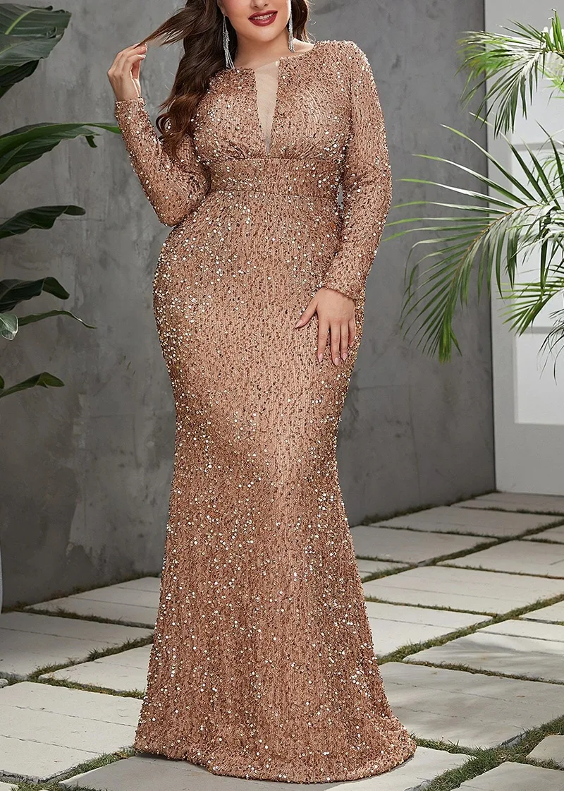 

Plus Size Women Party Dresses Fashion Beaded Fishtail Evening Dress 2023 New Temperament Elegant Long-sleeved Wedding Dresses