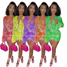 

New Sexy Printed Mesh Mini Dress Drawstring See Through Deep V Flare Sleeve Folds Bodycon Dress Party Club Outfits