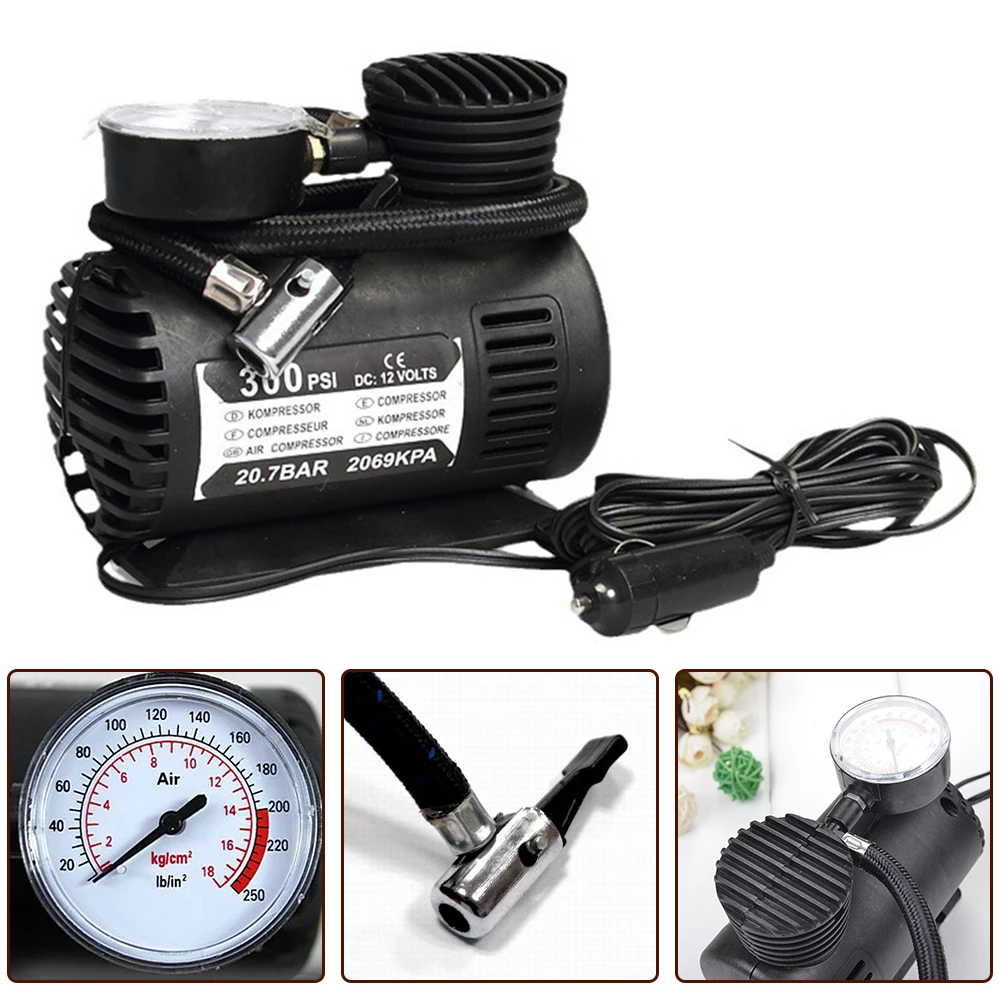 

Portable 12V 300psi Air Compressor Pump Tire Tyre Inflator For Auto Motorcycle Metal+ABS For Car, Bicycle, Motorcycle Tires, I