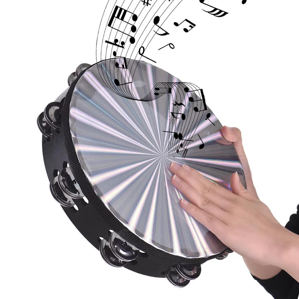 10 Inch Wooden Radiant Tambourine Handbell Hand Drum Double Row Jingles Reflective Drum Head Musical Percussion Instrument hand tambourine wooden hand bells