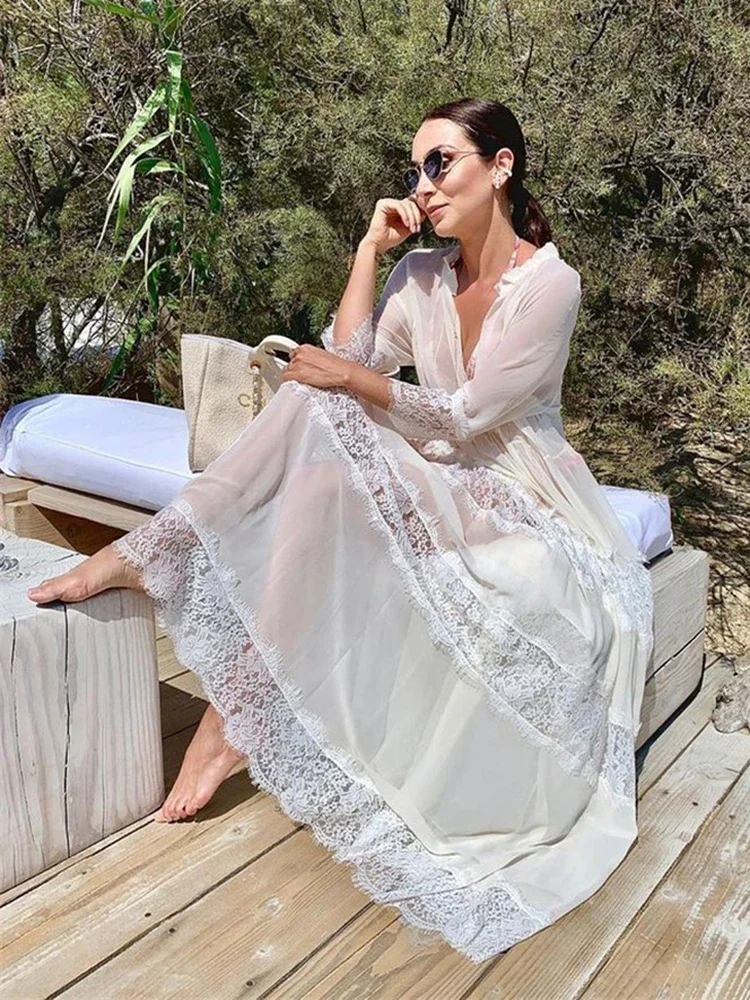 New White Bikini Cover Up Chiffon Lace Beach Tunic Beachwear Swimsuit Cover Up 2024 Pareos Women Swimwear Cover-up