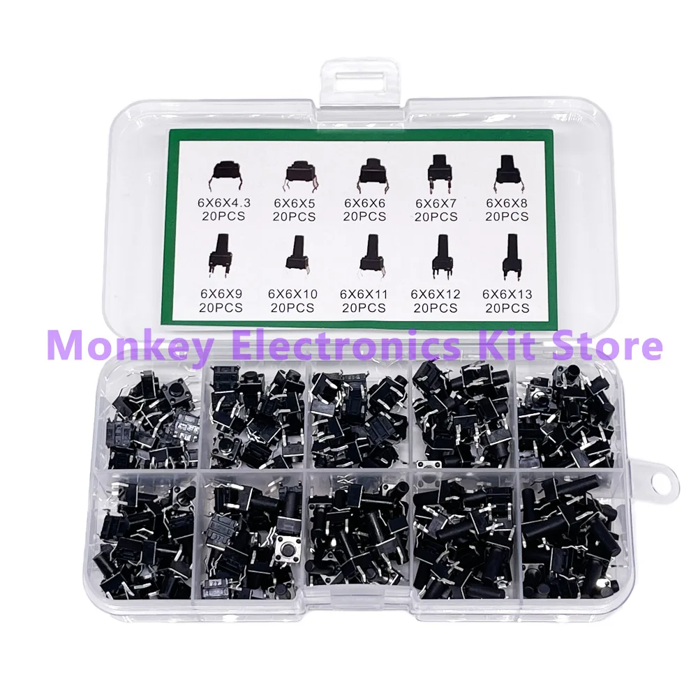 Push Button Switch 100 180 and 200 PCS 10 kinds of push-button switches directly inserted touch switch hardcover Box Kit