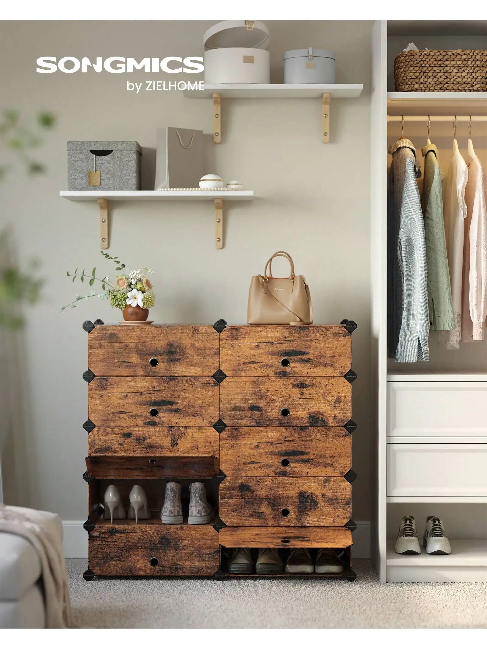 SONGMICS Scarpiera a 10 Scomparti, Scaffale Componibile in Plastica, Armadietto Portascarpe Fai da Te con Ante e Martelletto, Mobiletto Porta Scarpe, Nero /Marrone Vintage/Grigio