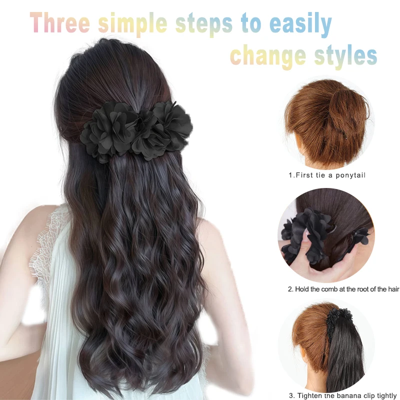 LUPU Synthetic Long Curly Hair Wig with Claw Clip Black Rose Grip Ponytail Holder Fluffy Red Hair Accessory for Women