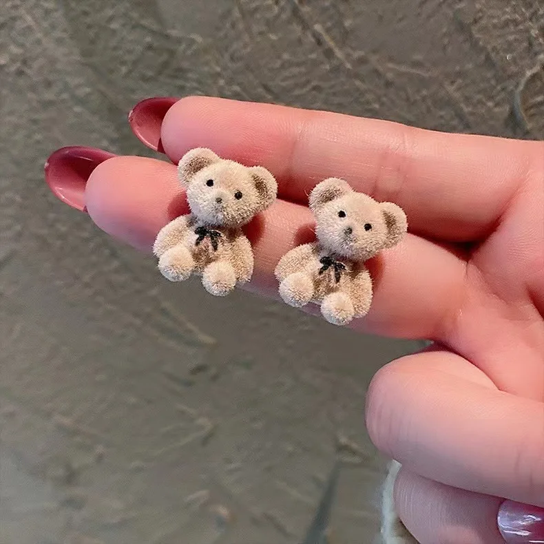 Cute Flocking Plush Bear Stud Earrings Kawaii Animal Earrings for Women Girls Korean Earring Jewelry stud earrings