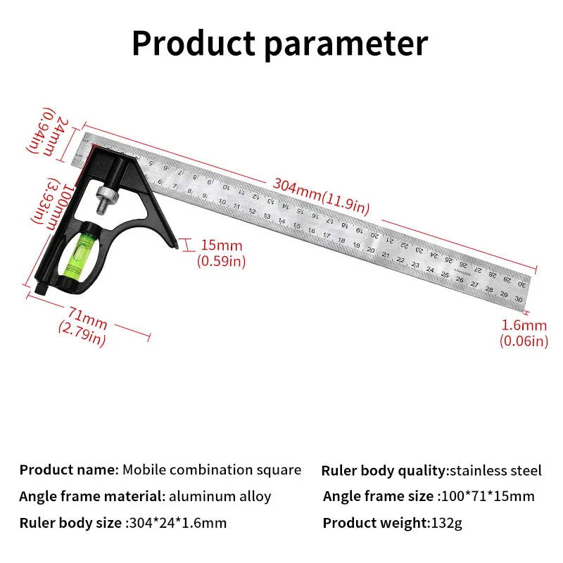 Angle Square Measuring Tools Set Precise Stainless Steel Aluminium Durable Adjustable Combination Spirit Level 12" 300mm