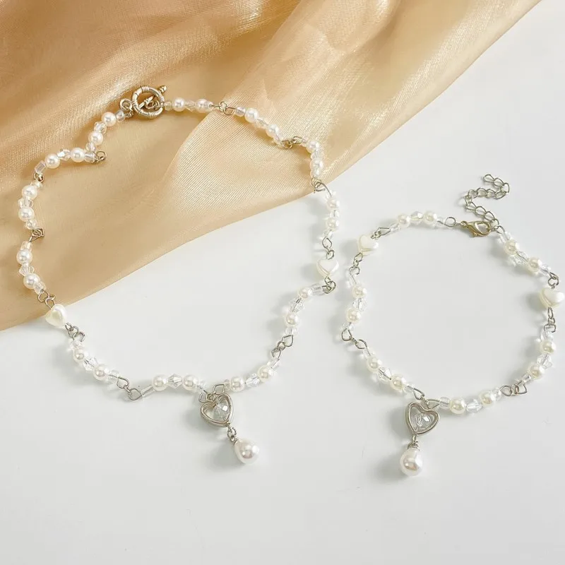 Elegant Pearl Splicing Heart Charm Chain Pendant Necklace Bracelet Jewelry Sets for Women beaded Statement Jewelry