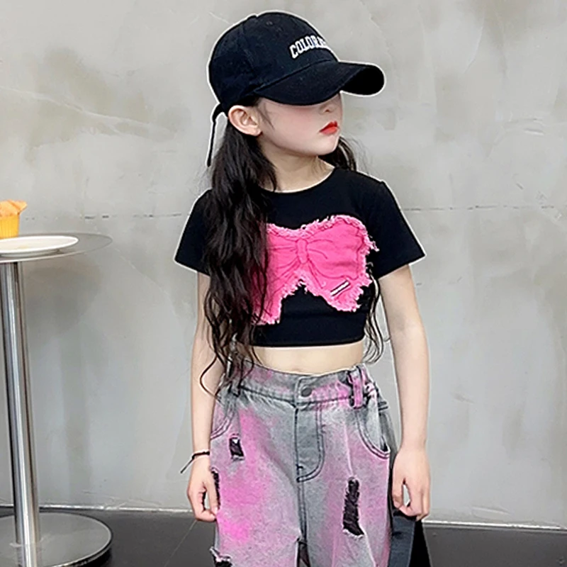 

Summer Girls T Shirt Baby Crop Top Kids Tee Shirt For Teenage Children Streetwear Clothes Fashion Denim Butterfly Patch 5-14Y