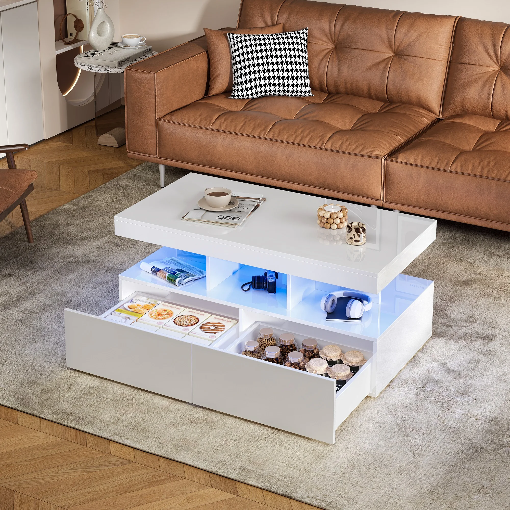 Table basse Rosahqnda avec éclairage LED et 2 tiroirs, éclairage LED réglable, table basse brillante pour salon, 104x53x46cm 1 Table basse Rosahqnda avec éclairage LED et 2 tiroirs, éclairage LED réglable, table basse brillante pour salon, 104x53x46cm 1